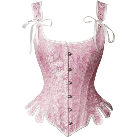 Tops - Women First Pink-plastic Bones Victorian Vintage Brocade Lace Up Overbust Corset